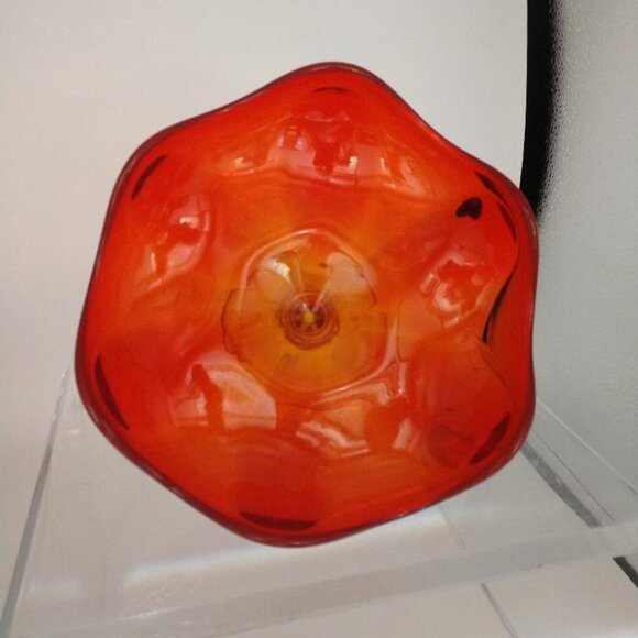 Viking 6 Petal Compote, 60s MCM Epic Line Amberina Pedestal Bowl, Orange Art - Picture 2 of 8